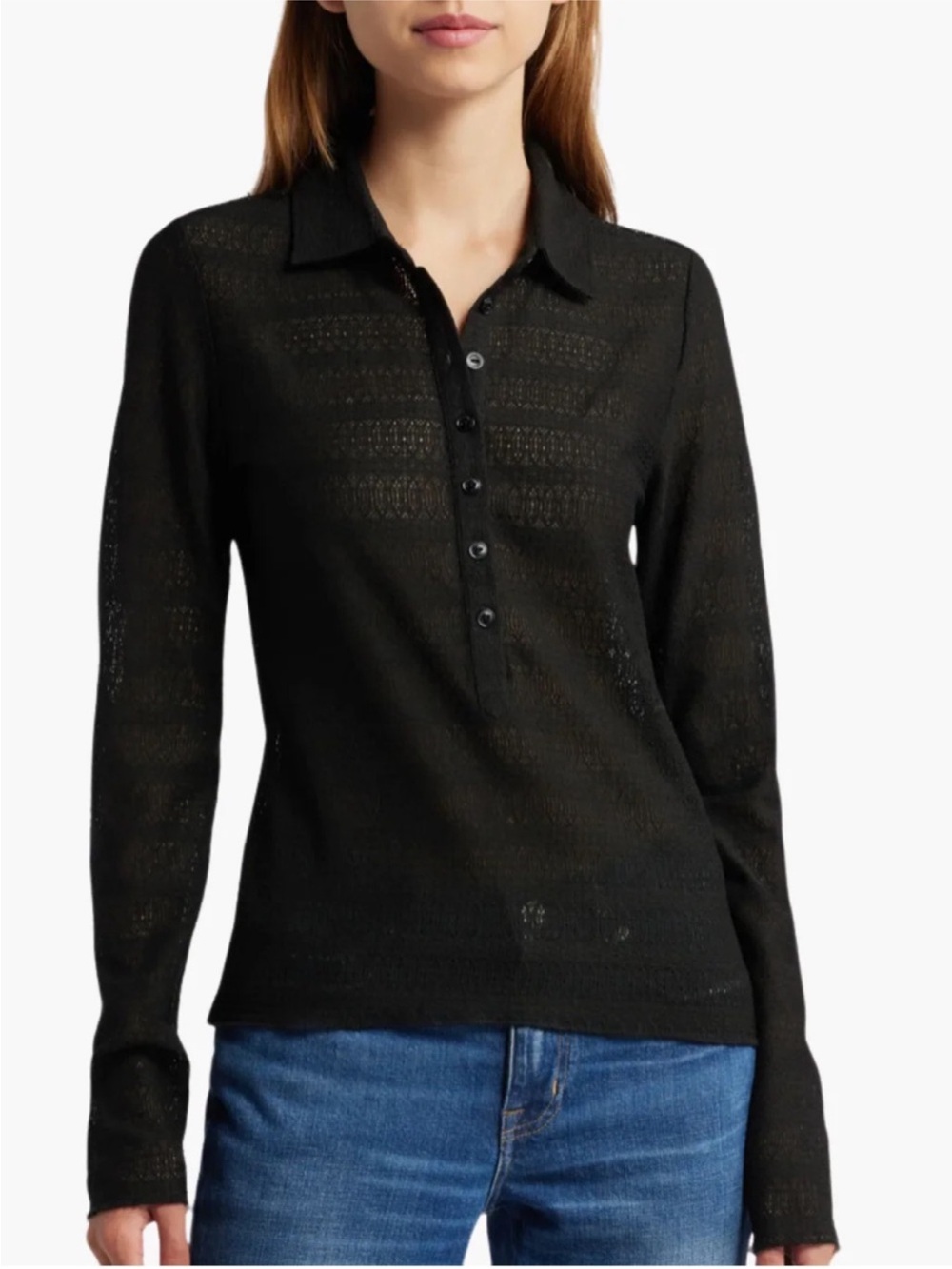 rag & bone Black Semi-Sheer Button-Down Polo Shirt